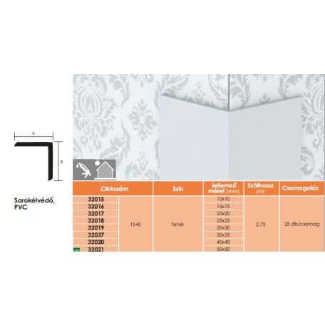 Élvédő Sarok műanyag fehér 15x15 mm 2,75 m